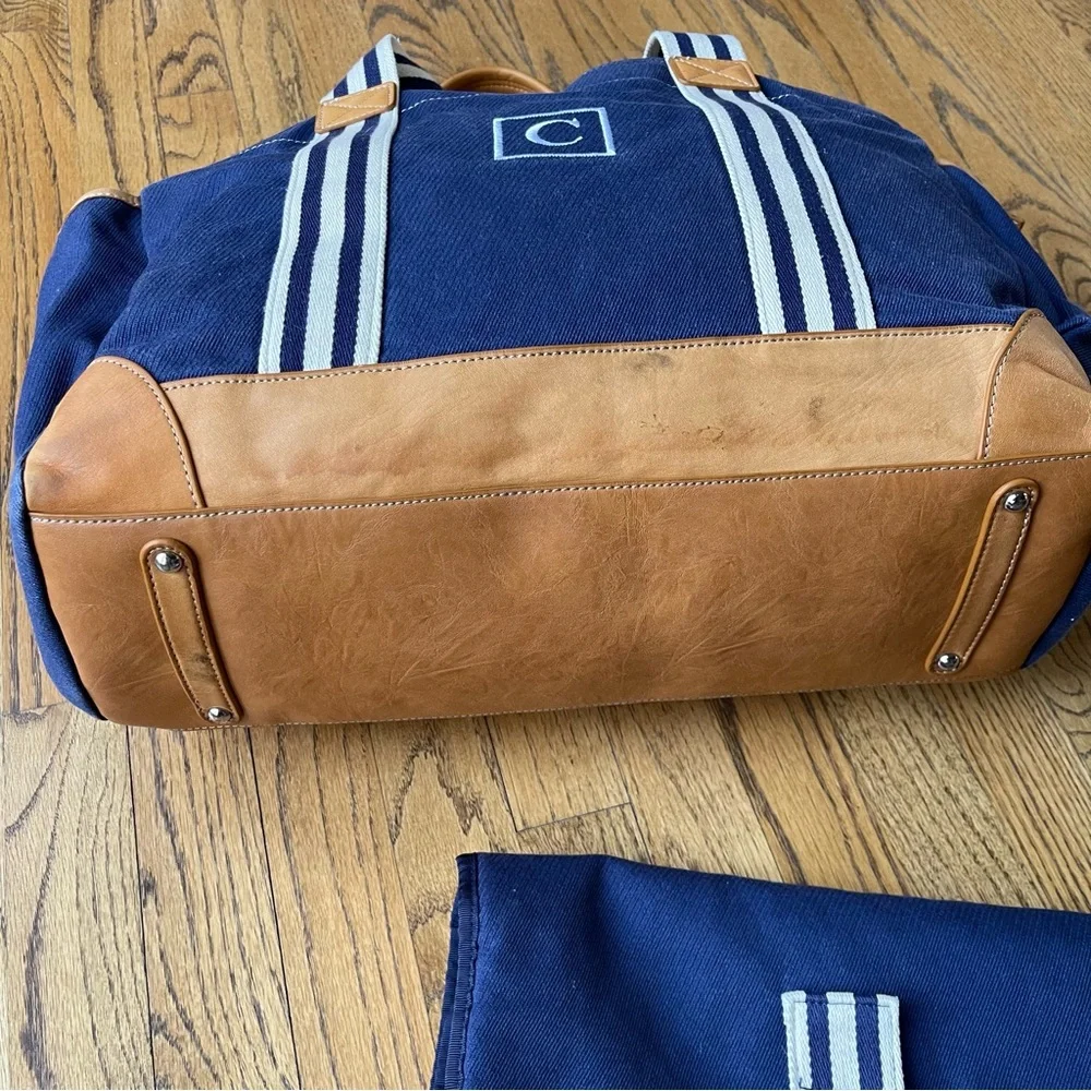 Pottery Barn Classic Diaper Bag with Leather Handles and Trim Monogram C Navy